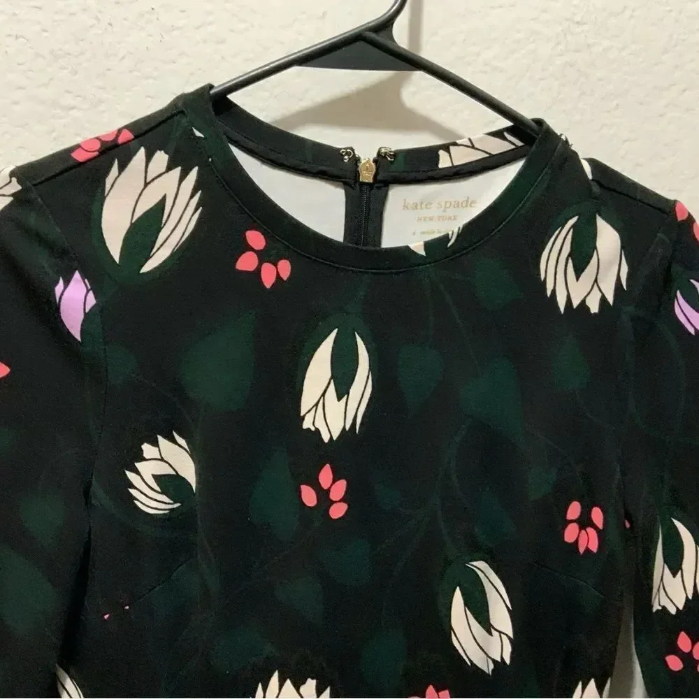 Kate Spade Long Bell Sleeve Floral Print Mini Dress Black Stretchy S